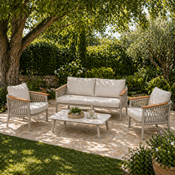 OASIS TEAK Σετ Καθιστικού 4 τεμαχίων Εξωτερικού Χώρου Ξύλο με Πέτρινη Επιφάνεια Τραπεζιού