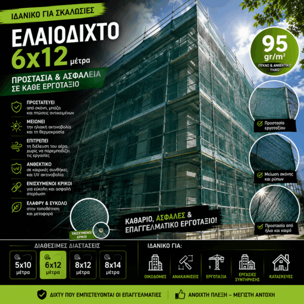 Ελαιόδιχτο Ιδανικό για Σκαλωσιά 6x12 95gr/m2 με κρίκους