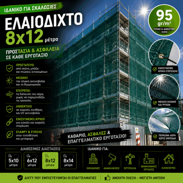 Ελαιόδιχτο Ιδανικό για Σκαλωσιά 8x12 95gr/m2 με κρίκους