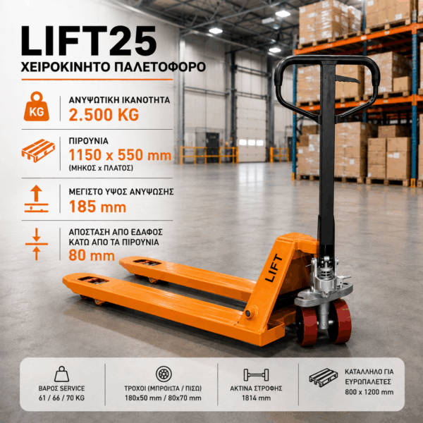 Χειροκίνητο Παλετοφόρο LIFT25 – Ανυψωτικής Ικανότητας 2.500 kg