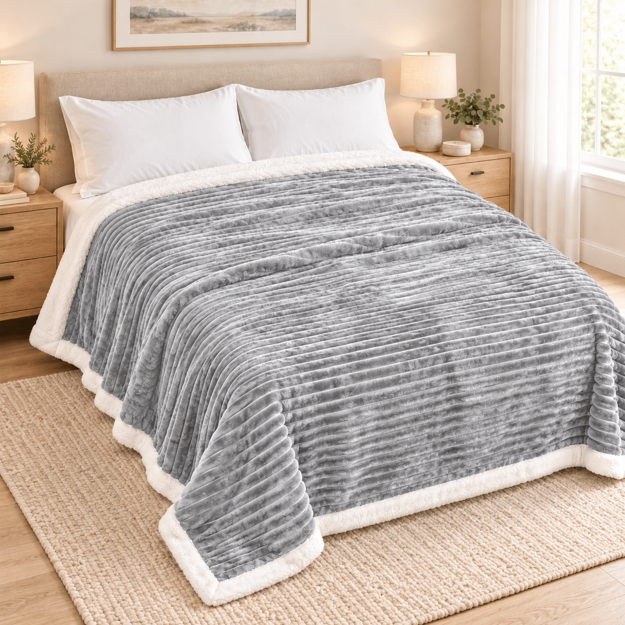 FLANNEL Sherpa Ultra Soft Διπλή Κουβέρτα 2KG - 220x230 - ΓΚΡΙ ΑΝΟΙΧΤΟ ΛΕΥΚΟ