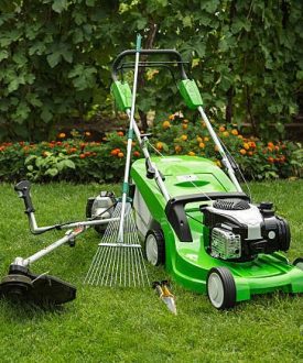 Green lawnmower, weed trimmer, rake and secateurs in the garden